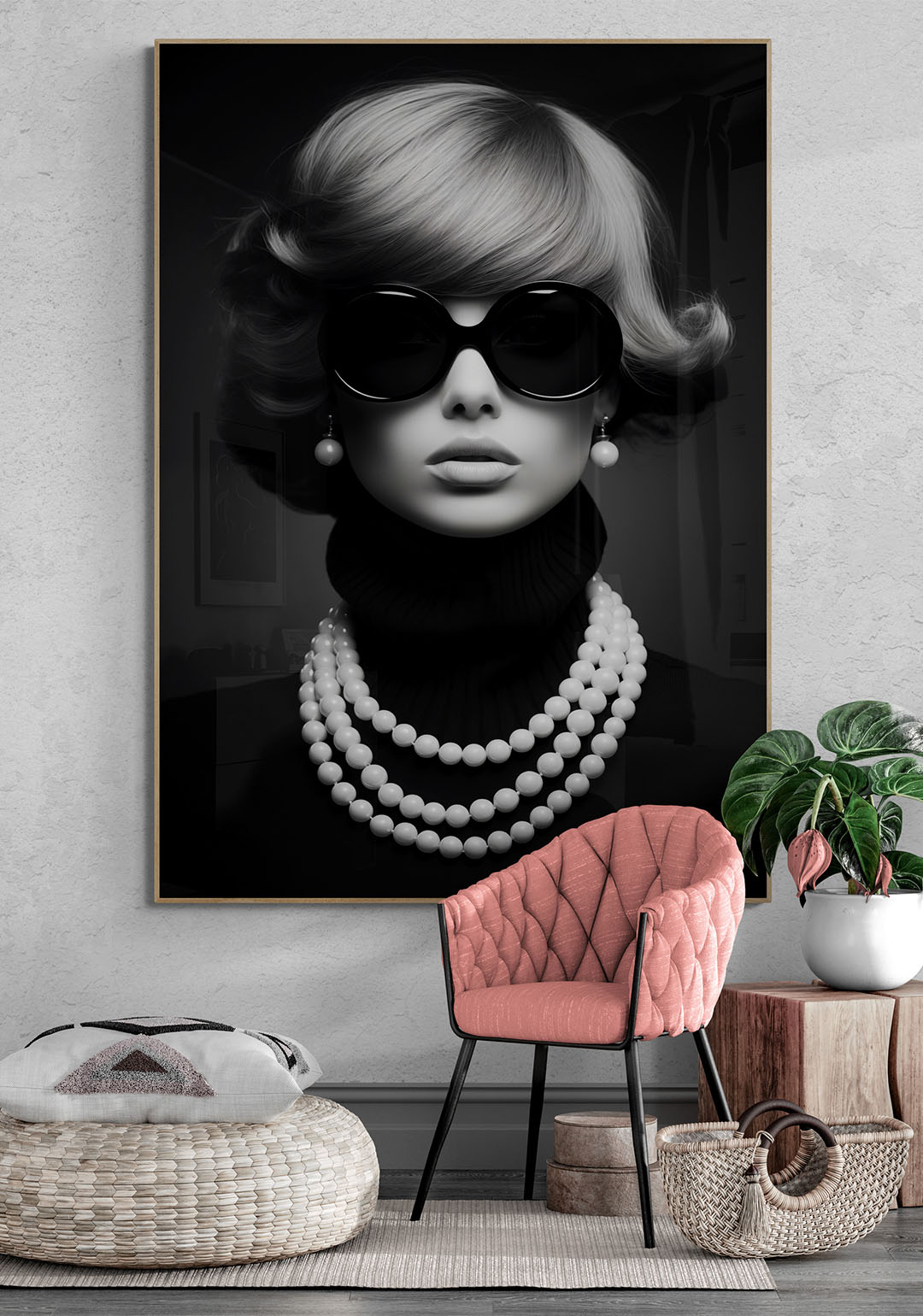 vrouw met parels poster met houten lijst woonkamer