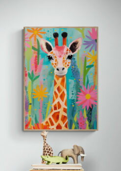 gekleurde giraffe poster met houten lijst kinderkamer
