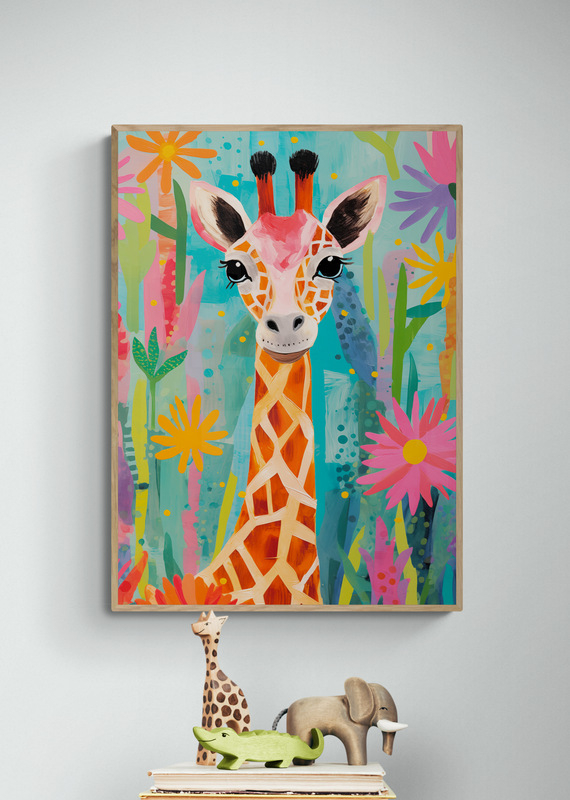 gekleurde giraffe poster met houten lijst kinderkamer