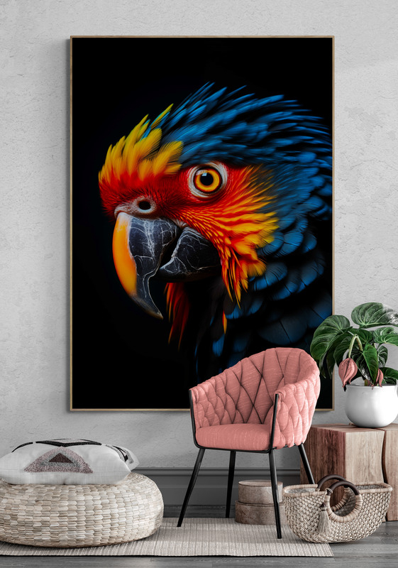 papegaai poster met houten lijst woonkamer