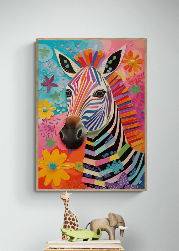 gekleurde zebra poster met houten lijst kinderkamer