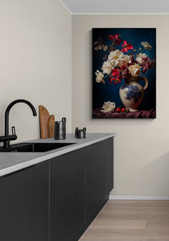 vaas met bloemen poster met houten lijst keuken