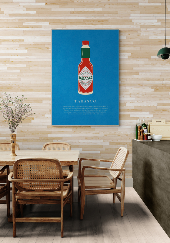 tabasco poster in houten lijst keuken